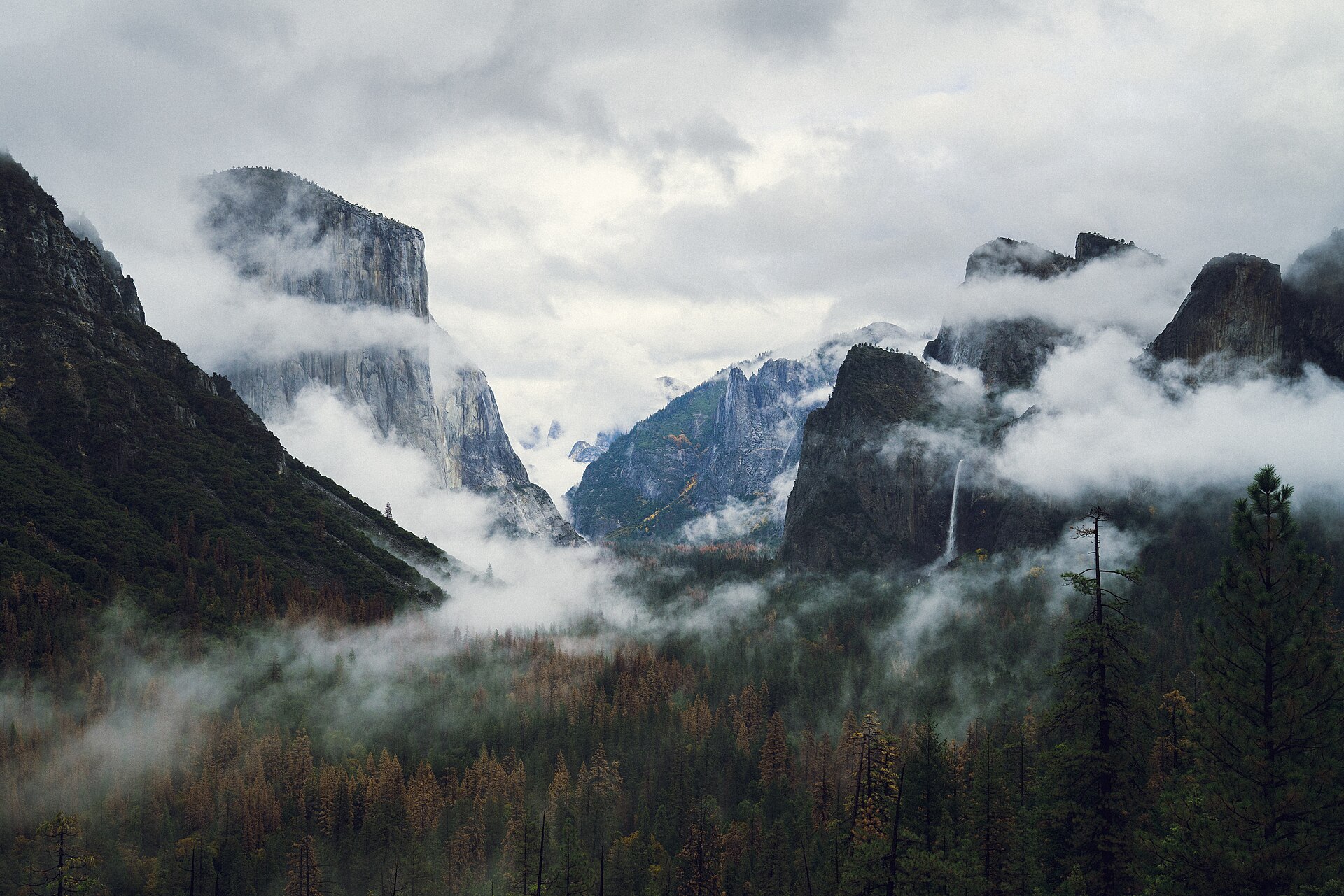 Low clouds winding through Yosemite Valley beside El Capitan and Bridalveil Fall